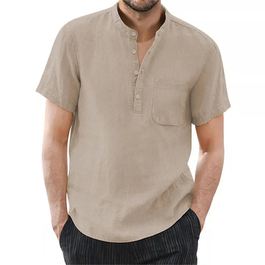 Men's Linen Blend Short Sleeve Shirt | Modern Casual Style with Collarless Neckline 1