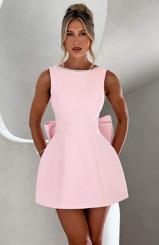 Chic Mini Dress | Pearl-Trimmed Neckline & Dramatic Back Bow | Elegant Daytime Wear 0
