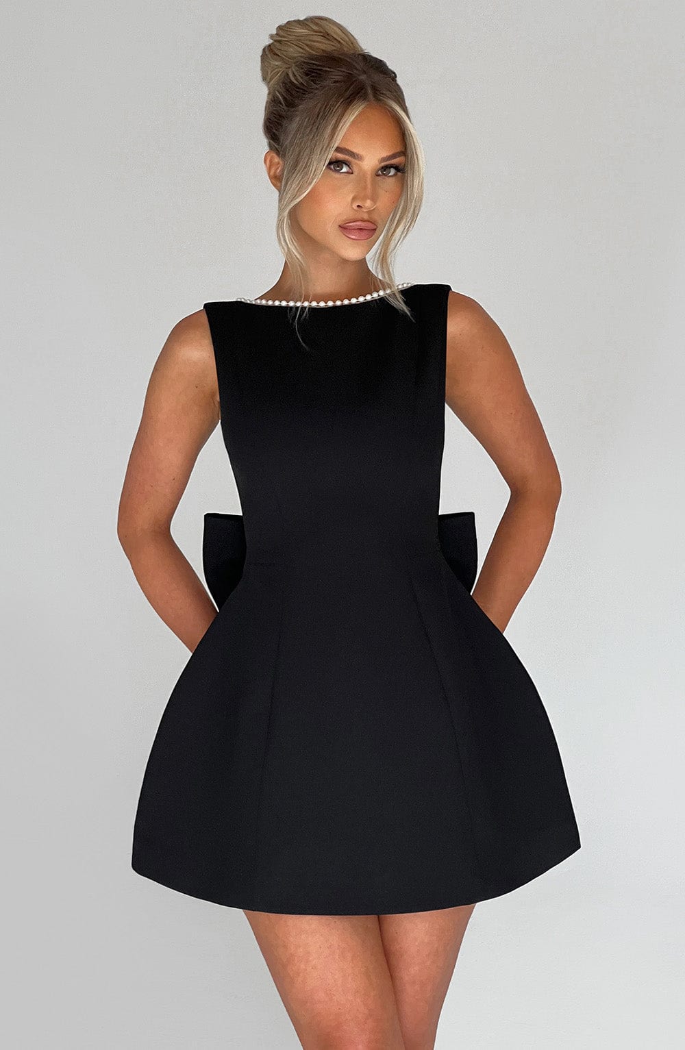 Chic Mini Dress | Pearl-Trimmed Neckline & Dramatic Back Bow | Elegant Daytime Wear 1