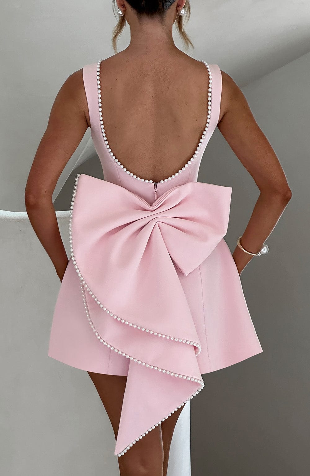 Chic Mini Dress | Pearl-Trimmed Neckline & Dramatic Back Bow | Elegant Daytime Wear 4