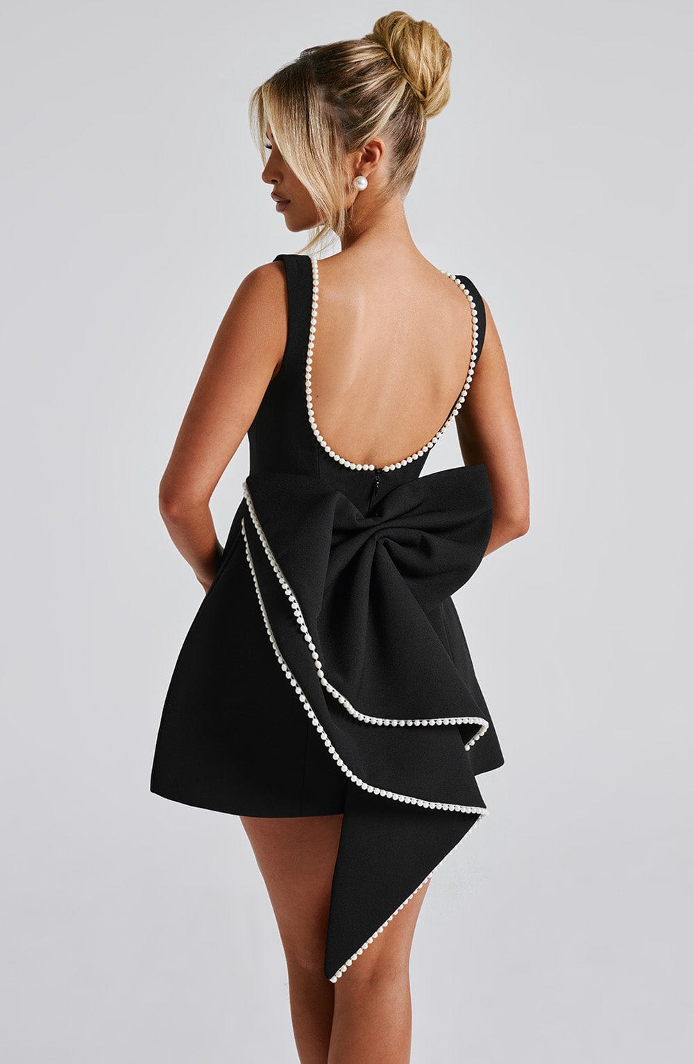 Chic Mini Dress | Pearl-Trimmed Neckline & Dramatic Back Bow | Elegant Daytime Wear 5