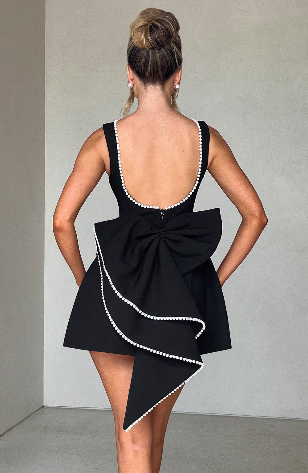 Chic Mini Dress | Pearl-Trimmed Neckline & Dramatic Back Bow | Elegant Daytime Wear 6