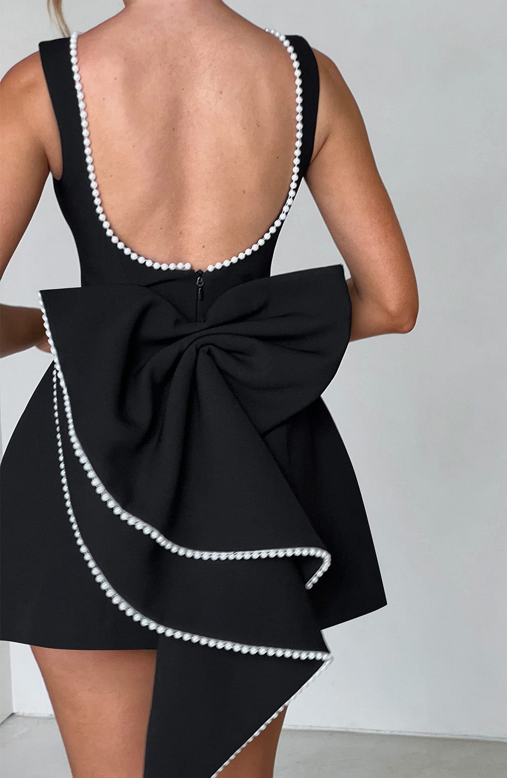 Chic Mini Dress | Pearl-Trimmed Neckline & Dramatic Back Bow | Elegant Daytime Wear 7