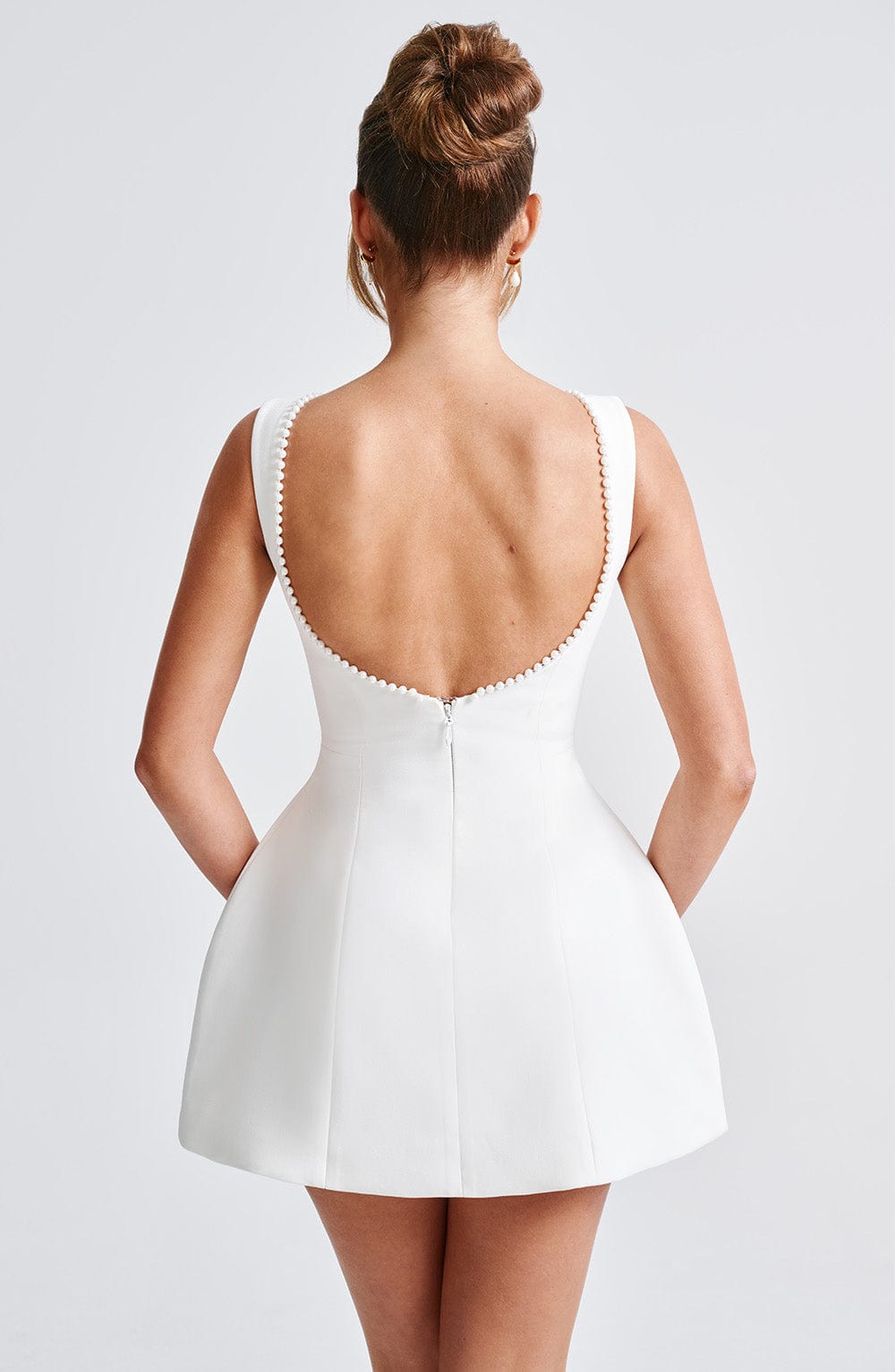 Chic Mini Dress | Pearl-Trimmed Neckline & Dramatic Back Bow | Elegant Daytime Wear 8
