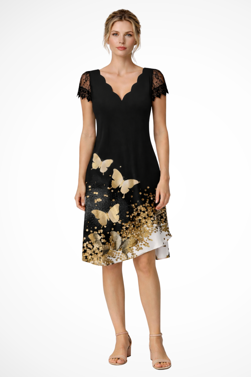 Elegant Lace Midi Dress with Sleeves & Flattering V-Neck for Special Occasions 5