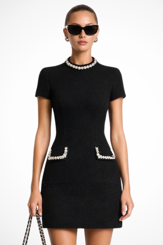 Elegant Mini Dress | Women's Dress with Pearl Trim & Pocket Detail for Stylish Summer Occasions 0