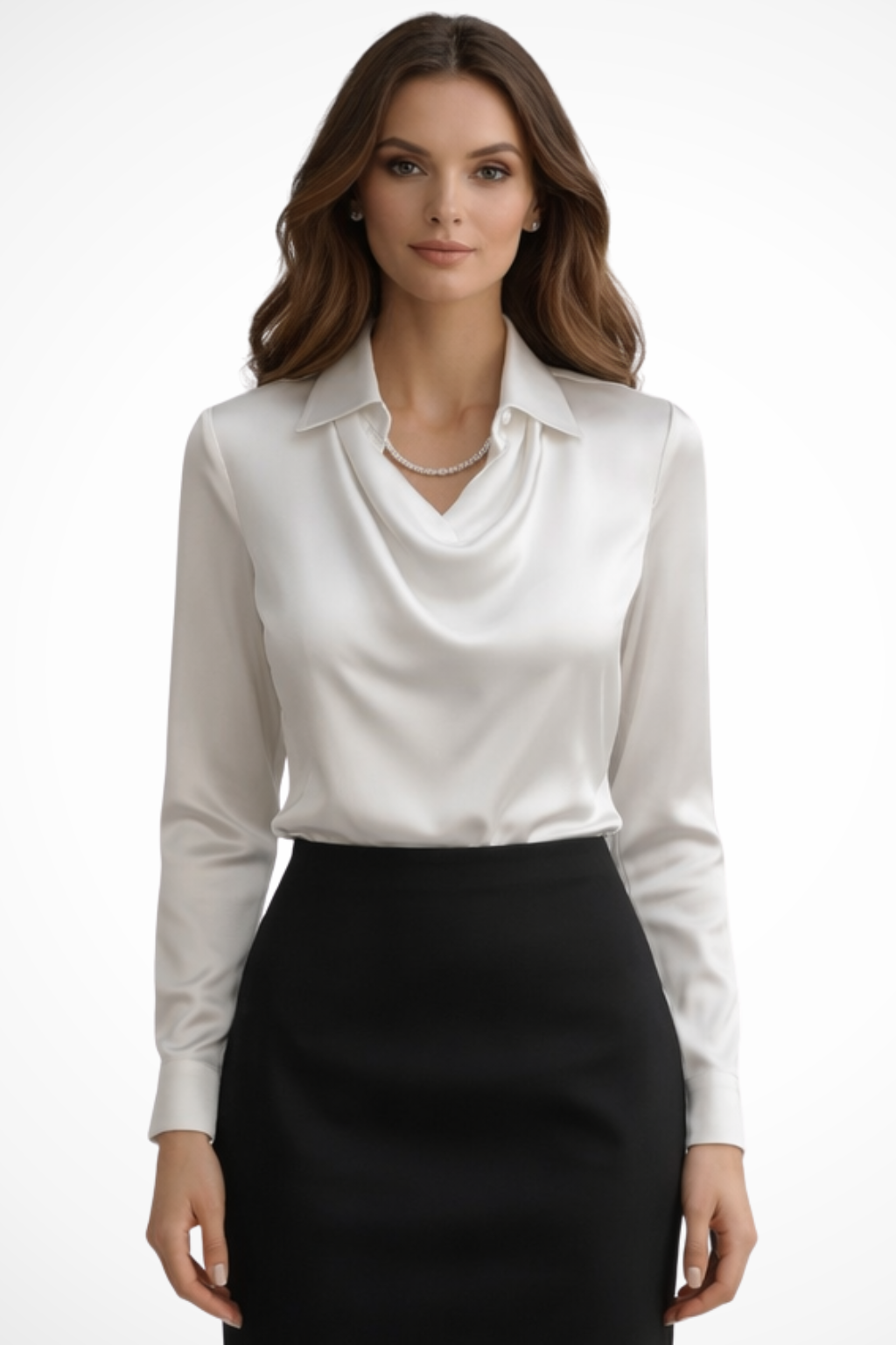 Elegant Satin Blouse | Women's Long Sleeve Top with Draped Neckline for Versatile Styling 0