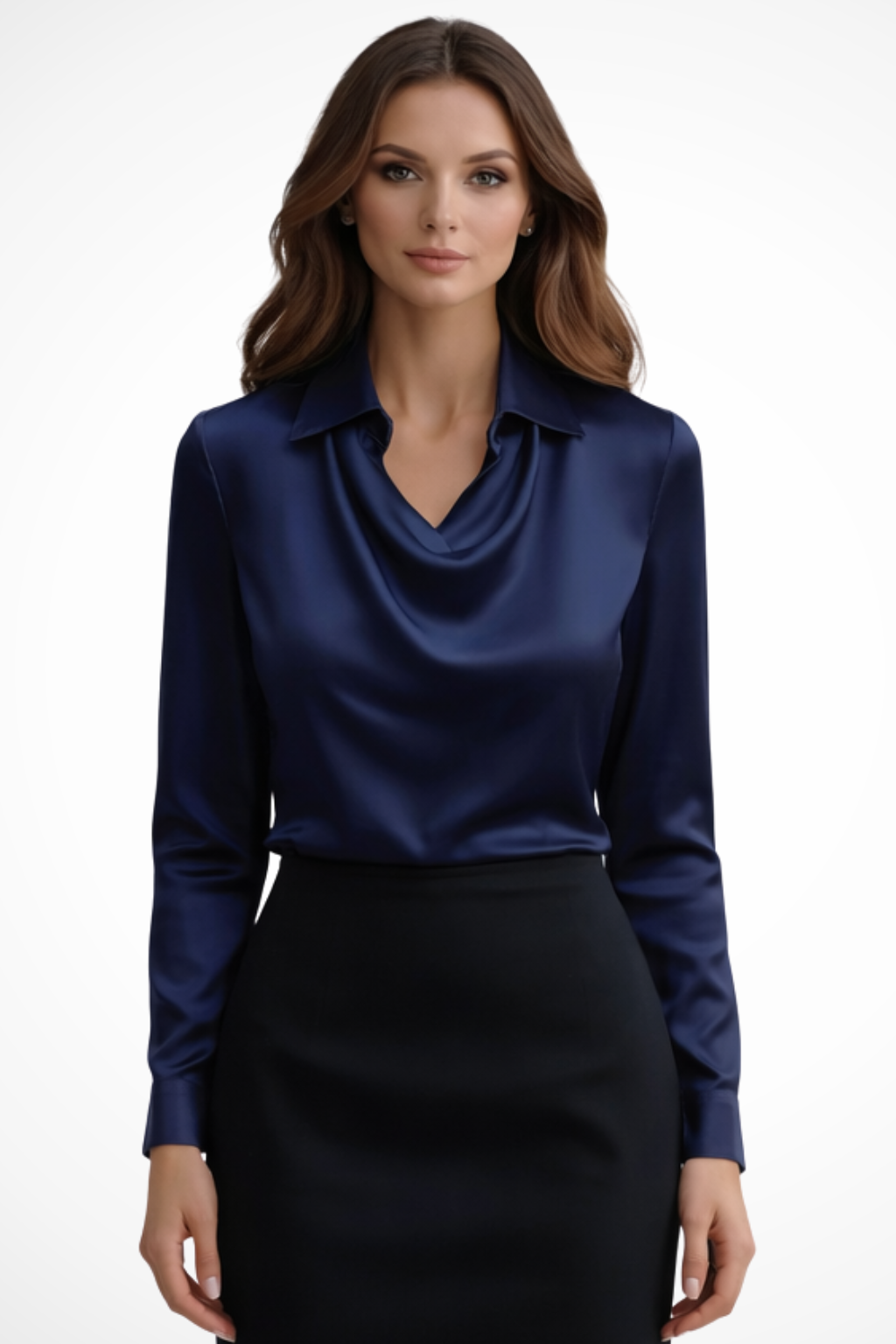 Elegant Satin Blouse | Women's Long Sleeve Top with Draped Neckline for Versatile Styling 2