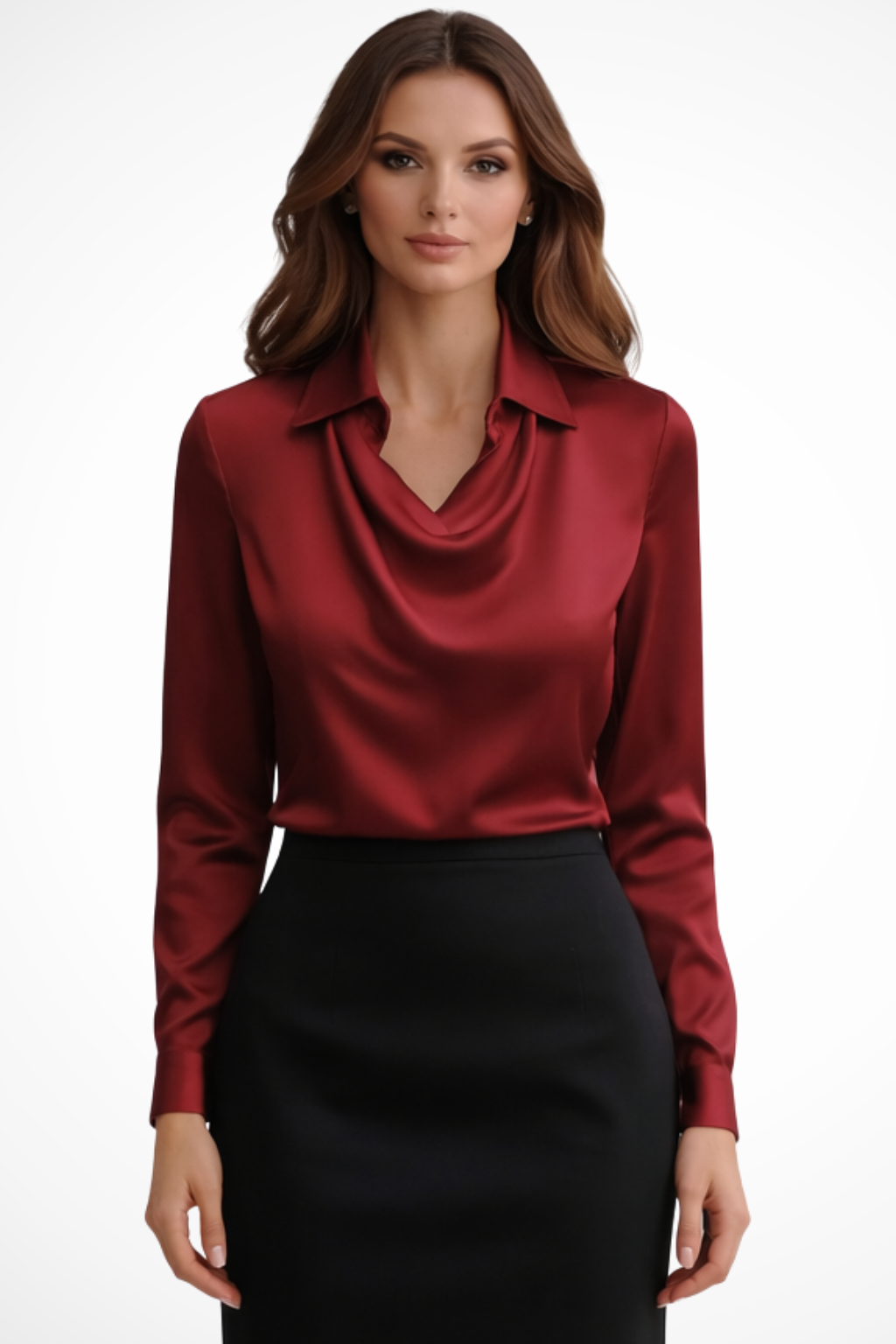 Elegant Satin Blouse | Women's Long Sleeve Top with Draped Neckline for Versatile Styling 3