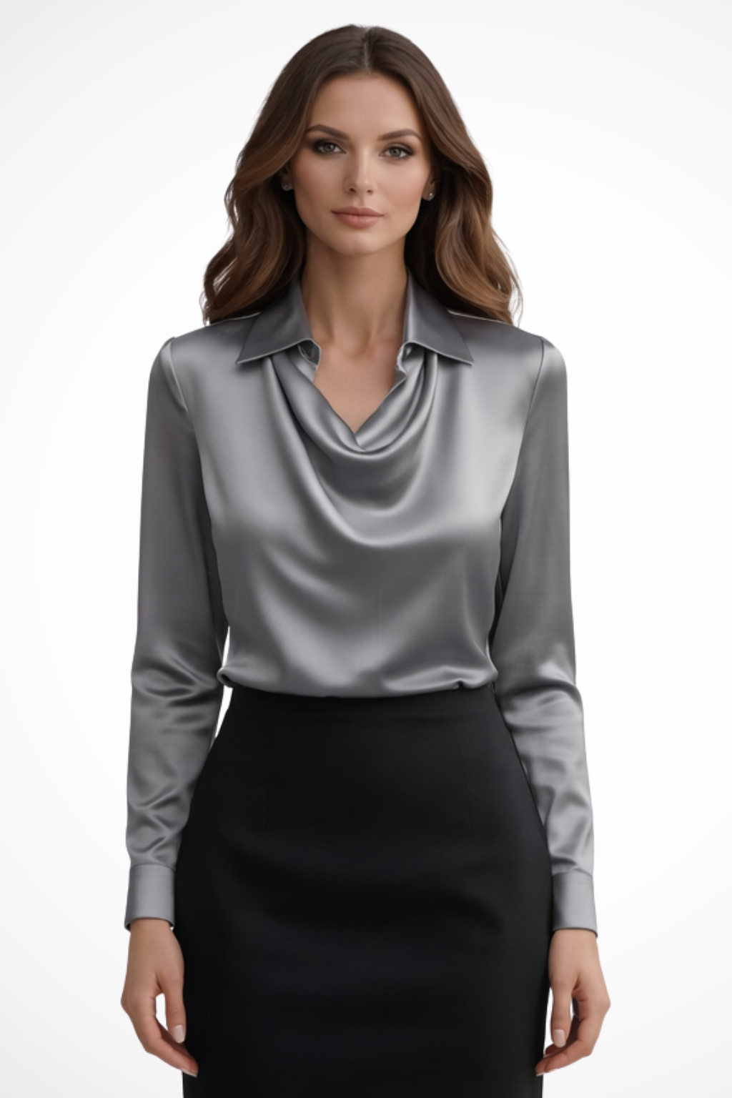 Elegant Satin Blouse | Women's Long Sleeve Top with Draped Neckline for Versatile Styling 7