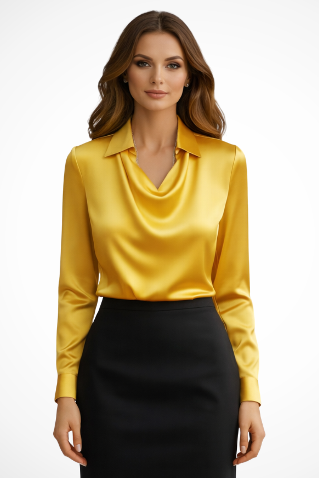 Elegant Satin Blouse | Women's Long Sleeve Top with Draped Neckline for Versatile Styling 9