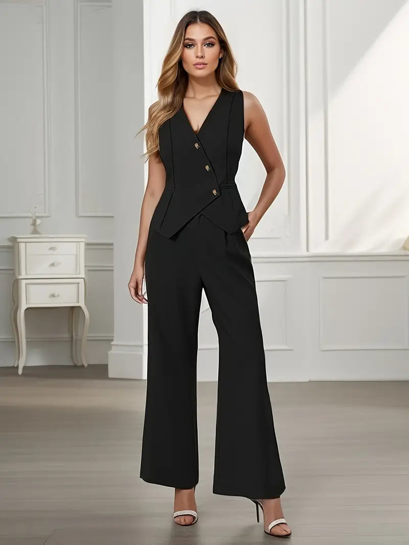 Elegant Women's Set | Sleeveless Vest & Wide Leg Trousers with Button Detail | Versatile Styling for Effortless Elegance 6