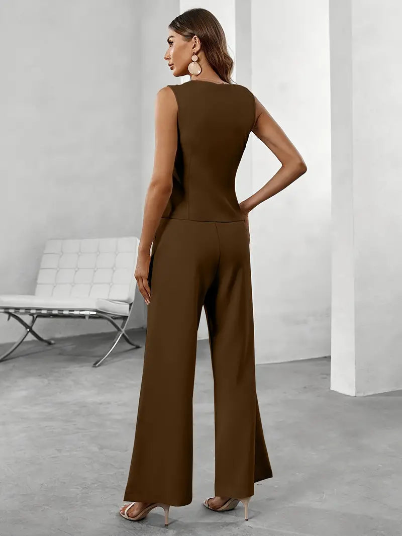 Elegant Women's Set | Sleeveless Vest & Wide Leg Trousers with Button Detail | Versatile Styling for Effortless Elegance 8