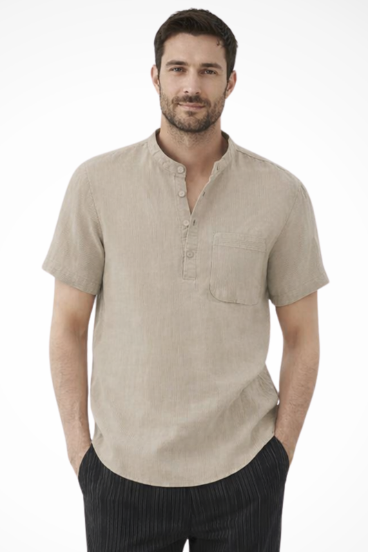 Men's Linen Blend Short Sleeve Shirt | Modern Casual Style with Collarless Neckline 0
