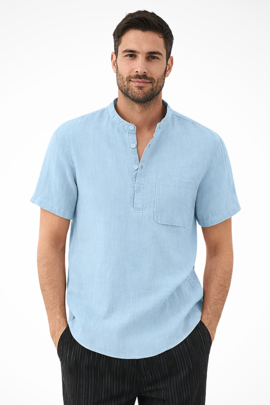 Men's Linen Blend Short Sleeve Shirt | Modern Casual Style with Collarless Neckline 10