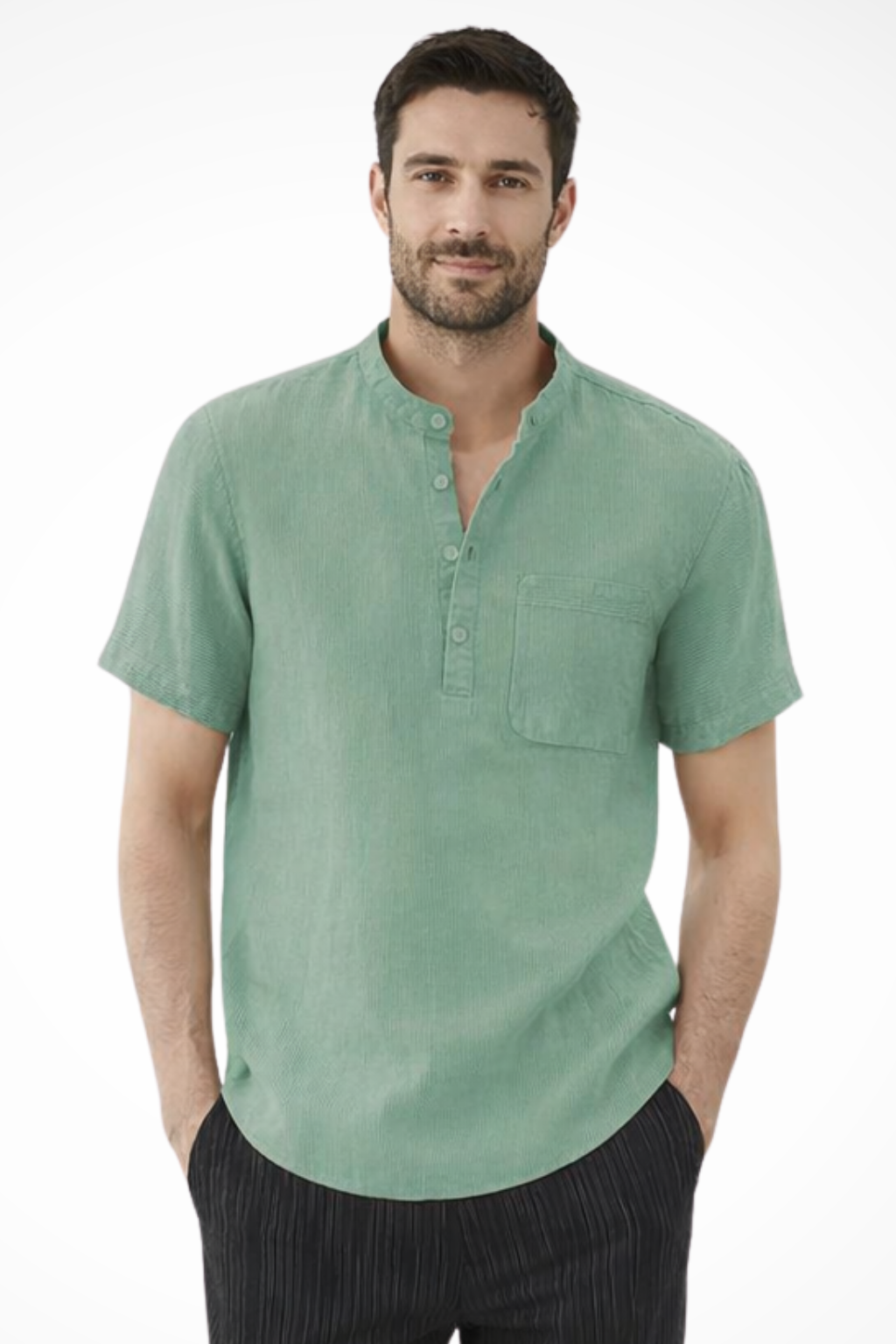 Men's Linen Blend Short Sleeve Shirt | Modern Casual Style with Collarless Neckline 2