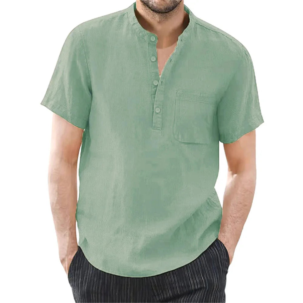 Men's Linen Blend Short Sleeve Shirt | Modern Casual Style with Collarless Neckline 3