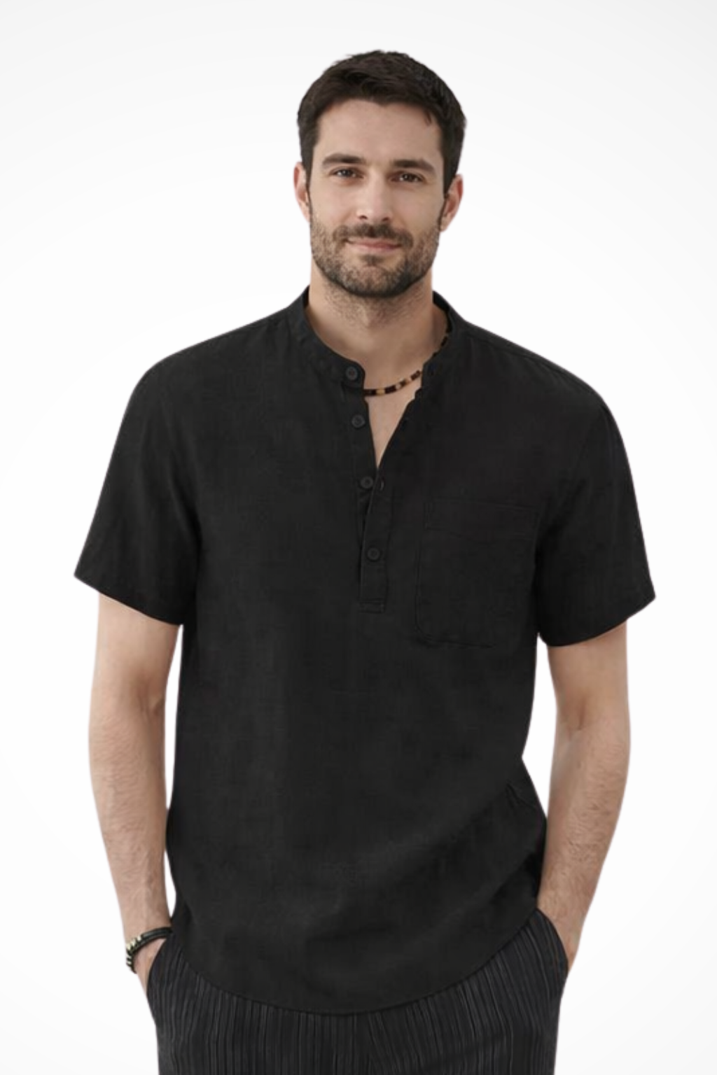 Men's Linen Blend Short Sleeve Shirt | Modern Casual Style with Collarless Neckline 4