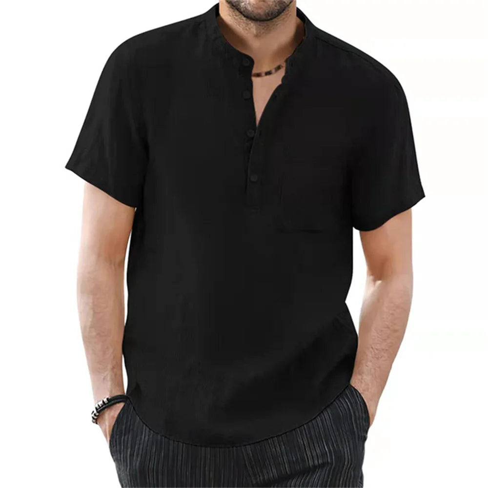 Men's Linen Blend Short Sleeve Shirt | Modern Casual Style with Collarless Neckline 5