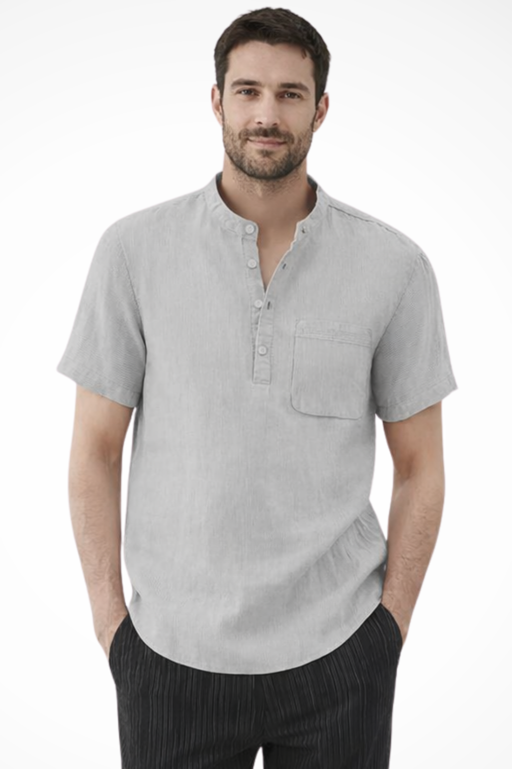 Men's Linen Blend Short Sleeve Shirt | Modern Casual Style with Collarless Neckline 6