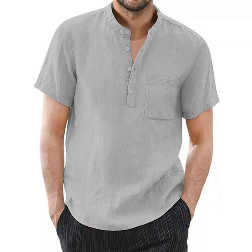 Men's Linen Blend Short Sleeve Shirt | Modern Casual Style with Collarless Neckline 7