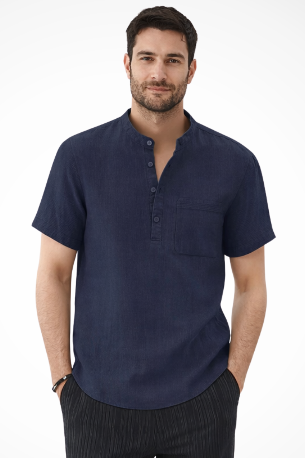 Men's Linen Blend Short Sleeve Shirt | Modern Casual Style with Collarless Neckline 8