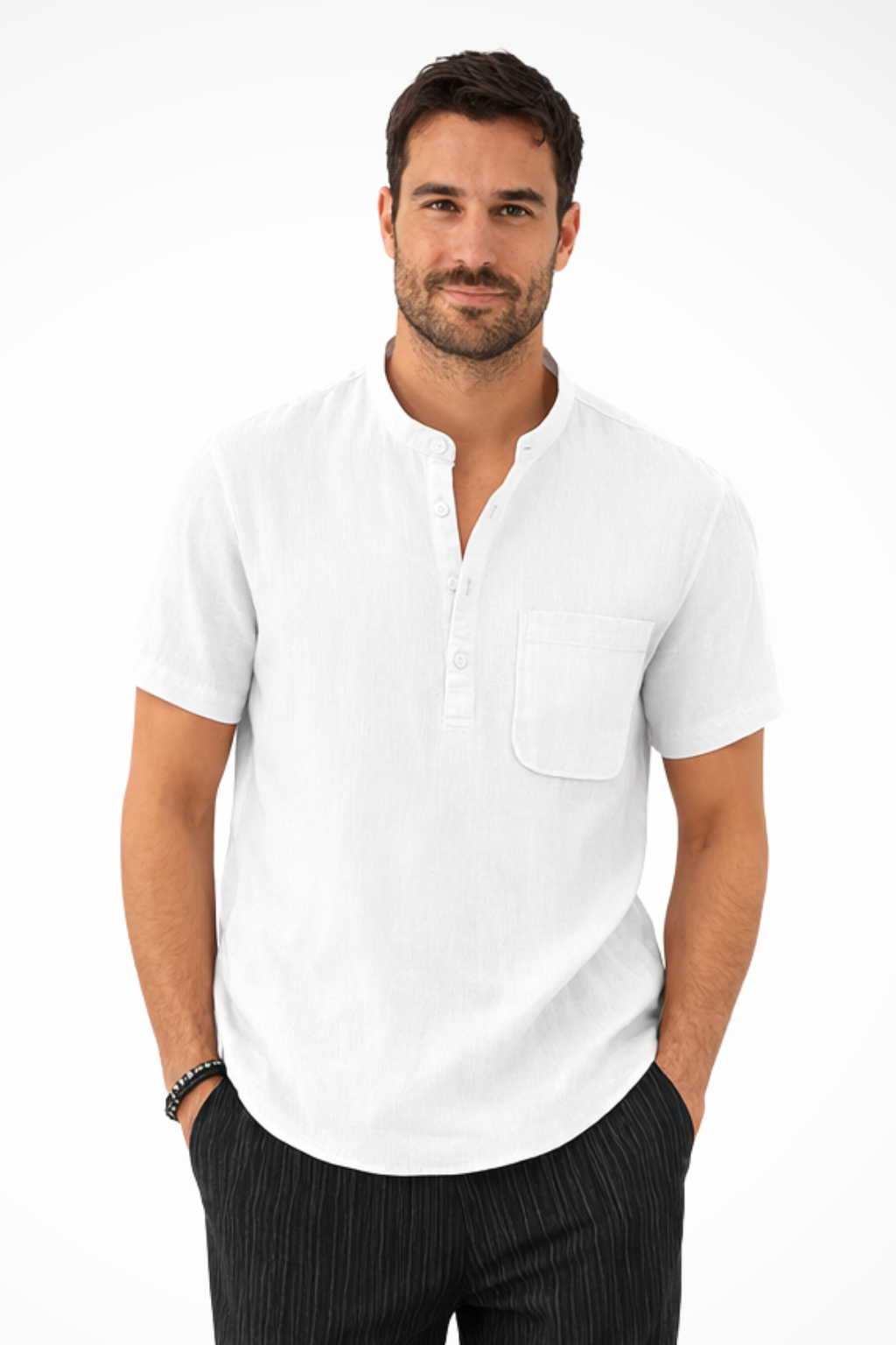 Men's Linen Blend Short Sleeve Shirt | Modern Casual Style with Collarless Neckline 9