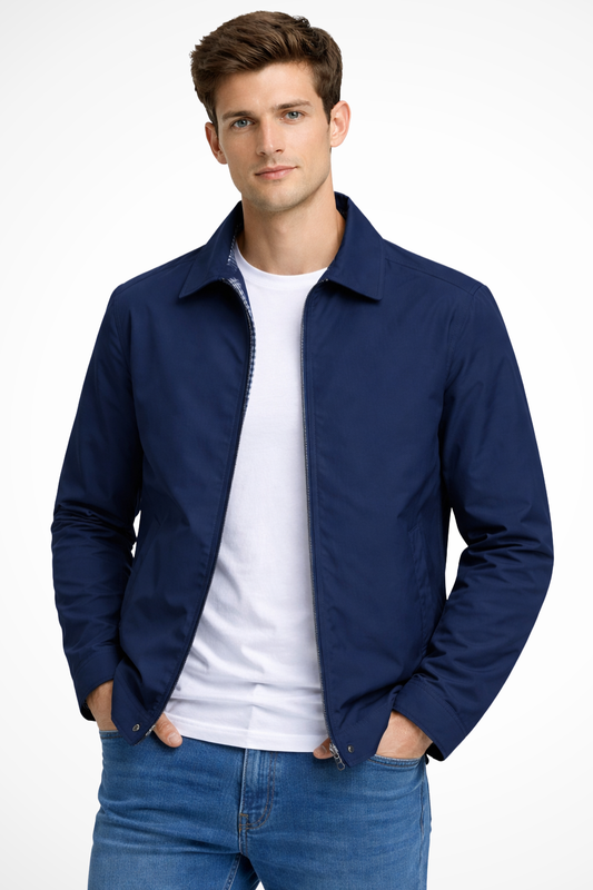 Men's Smooth Harrington Jacket | Classic Zip Front Coat with Check Lining 0