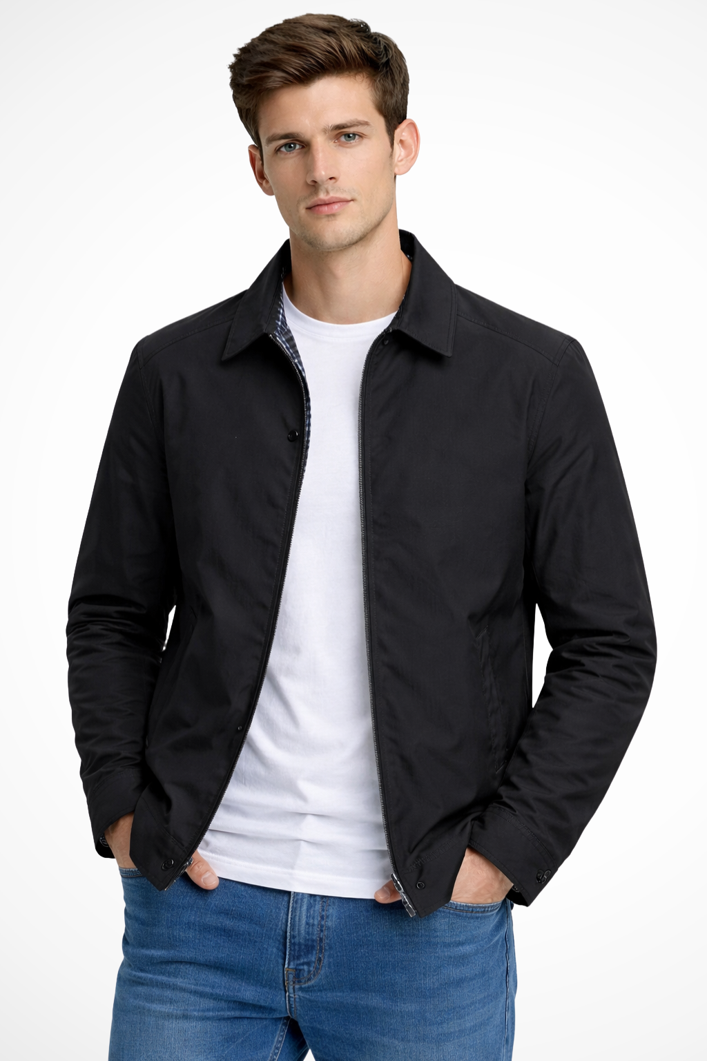 Men's Smooth Harrington Jacket | Classic Zip Front Coat with Check Lining 3