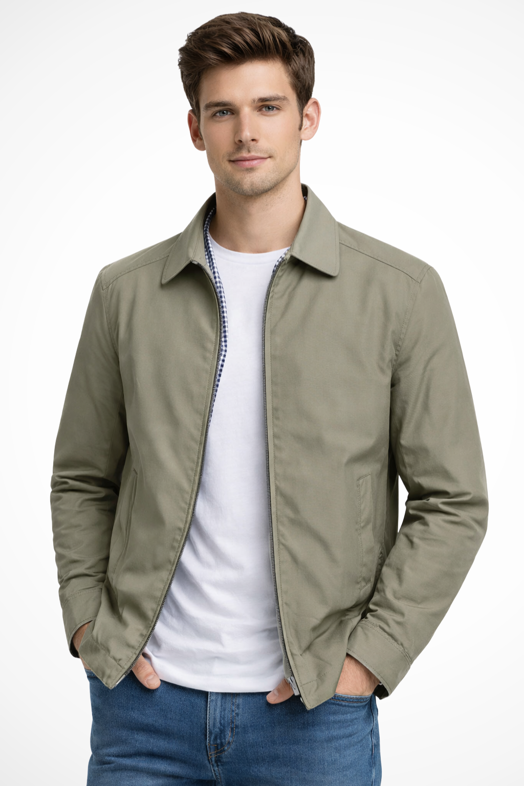 Men's Smooth Harrington Jacket | Classic Zip Front Coat with Check Lining 6