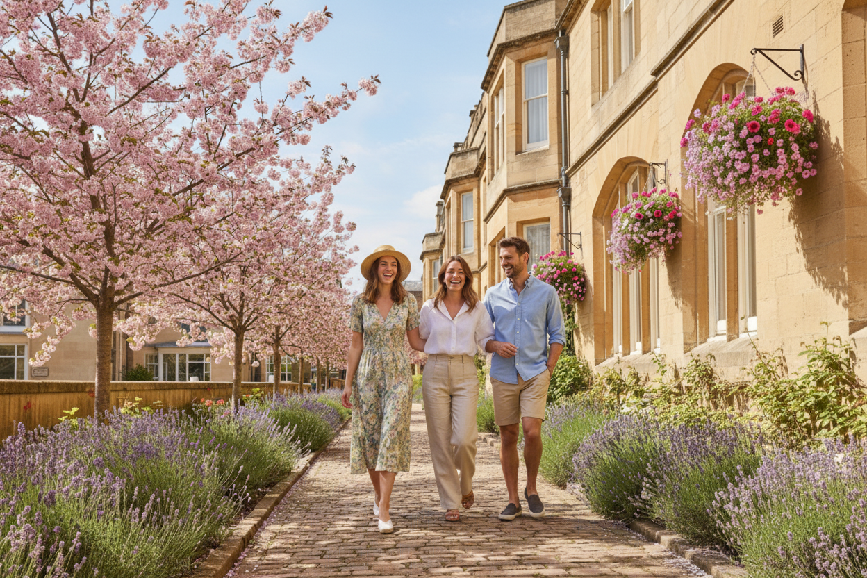 Three people walking along a picturesque street lined with cherry blossom trees and houses.